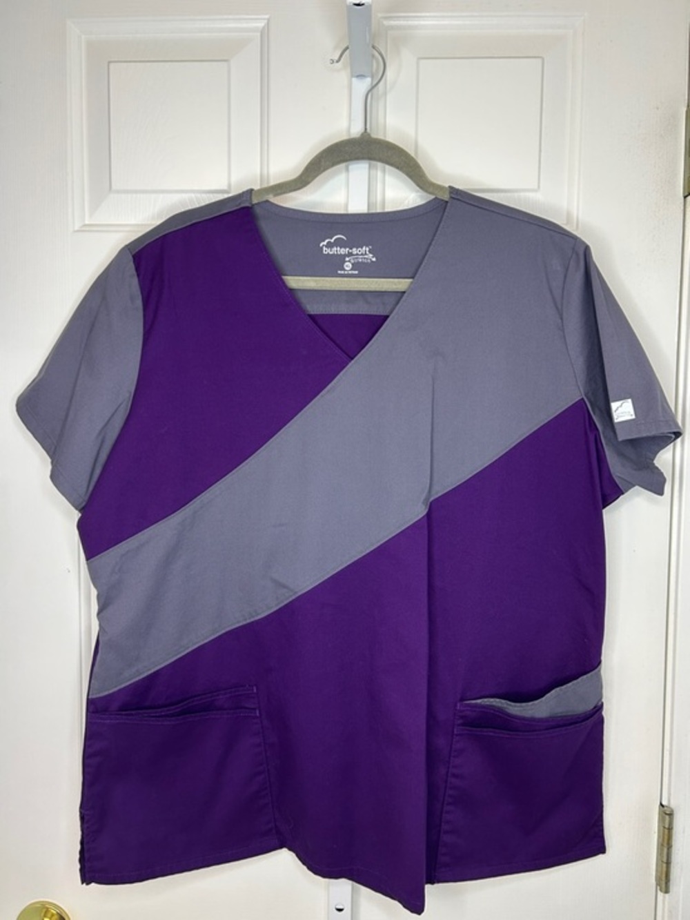 butter-soft Purple and Gray Colorblock V-Neck Short Sleeve Top
